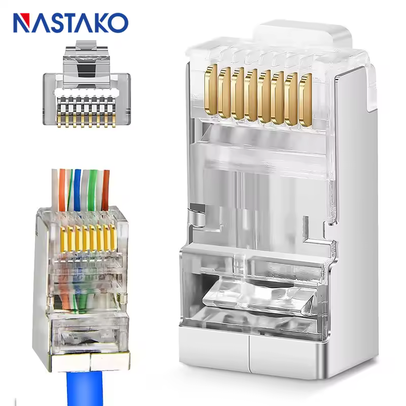 Conector de paso RJ45 Cat5e Cat6 Cat6A conector de paso RJ45 STP chapado en oro enchufe Modular de 3 pines conectores de Cable de red 8P8C