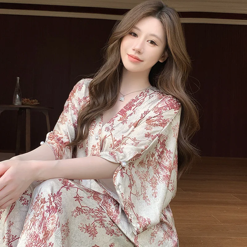 26 New Women Ice Silk Pajamas Spring Autumn Luxury New Chinese Style Home Wear Long Sleeve Pants 2pieceSet Nightgown Sleepwear