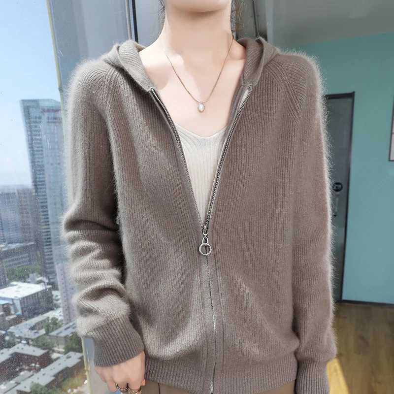 100% Pure Mink Cashmere Zipper Cardigan Damski płaszcz z kapturem na szyję Bluza z kapturem Casualowa luźna kurtka zimowa z długim rękawem Grube topy
