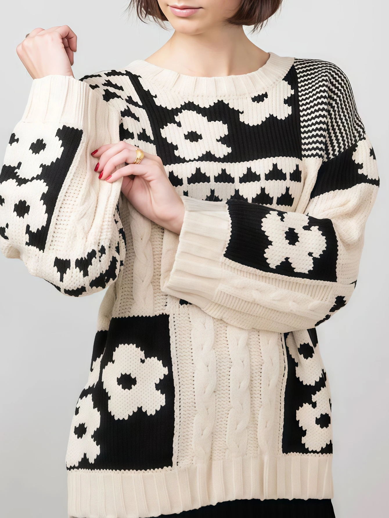 Dames casual losse ronde hals trui vierkant bloemenpatroon Europese en Amerikaanse stijl herfst winter mode