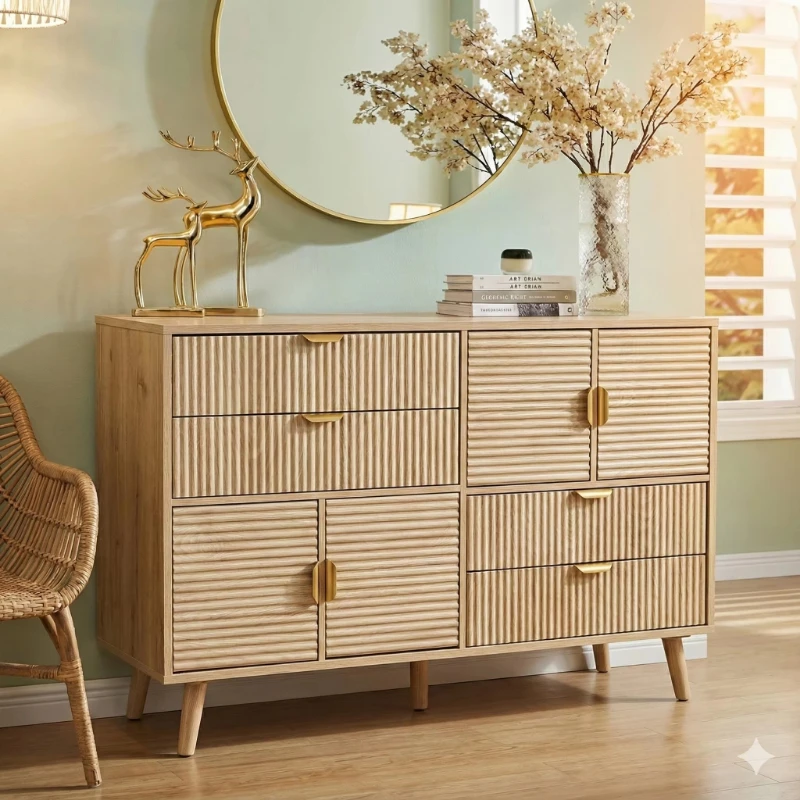 Modern multi-functional grooved wooden four-drawer four-door dresser with metal handle