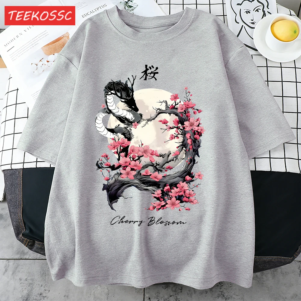 Kirschblüten, Mond und Drache T-Shirt Herren Farbe lässig lose Top Sommer neue weiche Kleidung O-Ausschnitt Unisex Baumwolle Kurzarm