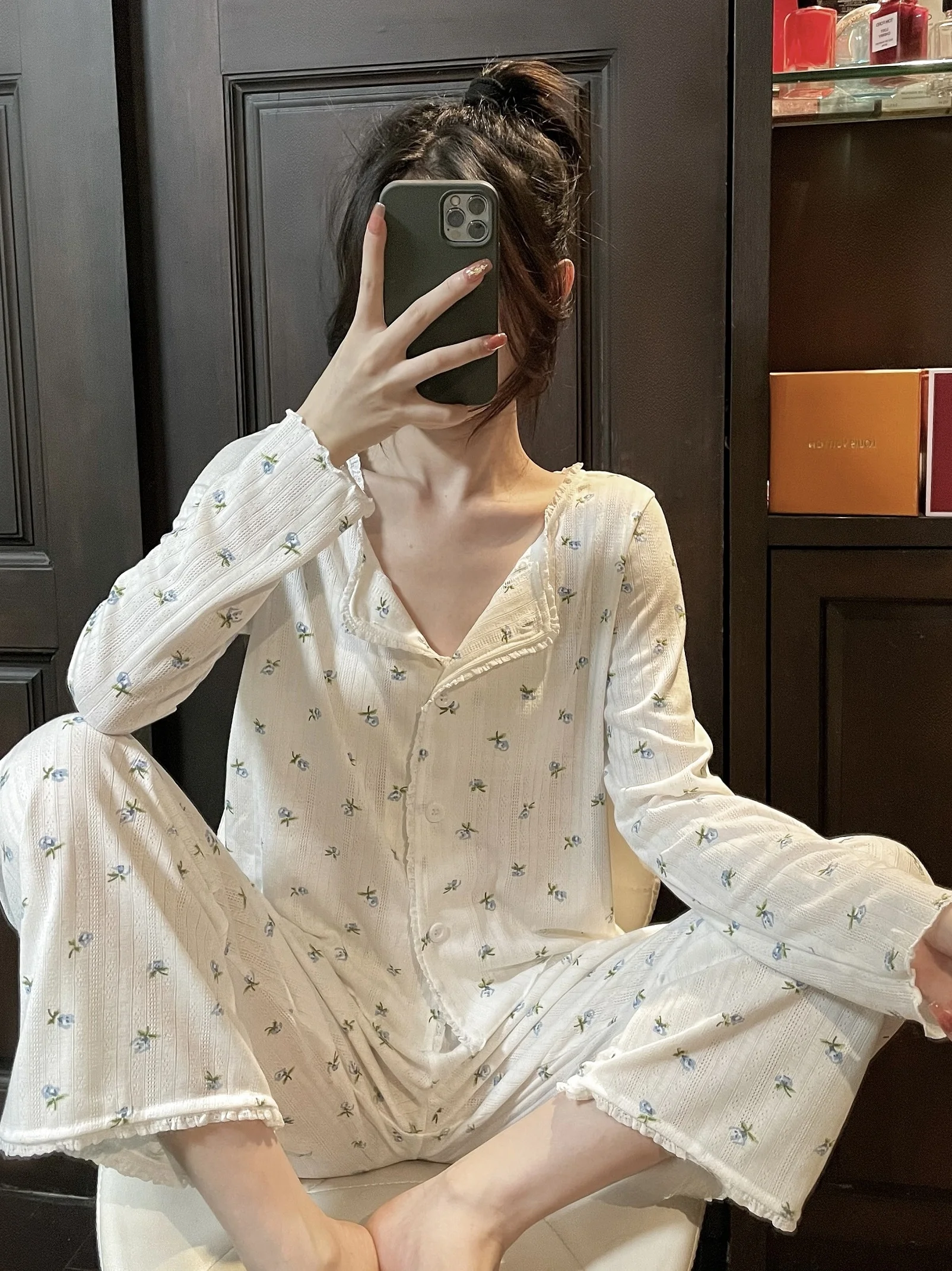 pure-cotton-spwear-set-women's-loose-home-clothes-cardigan-outerwear-spring-autumn-floral-print-sweet-sle-long-sve