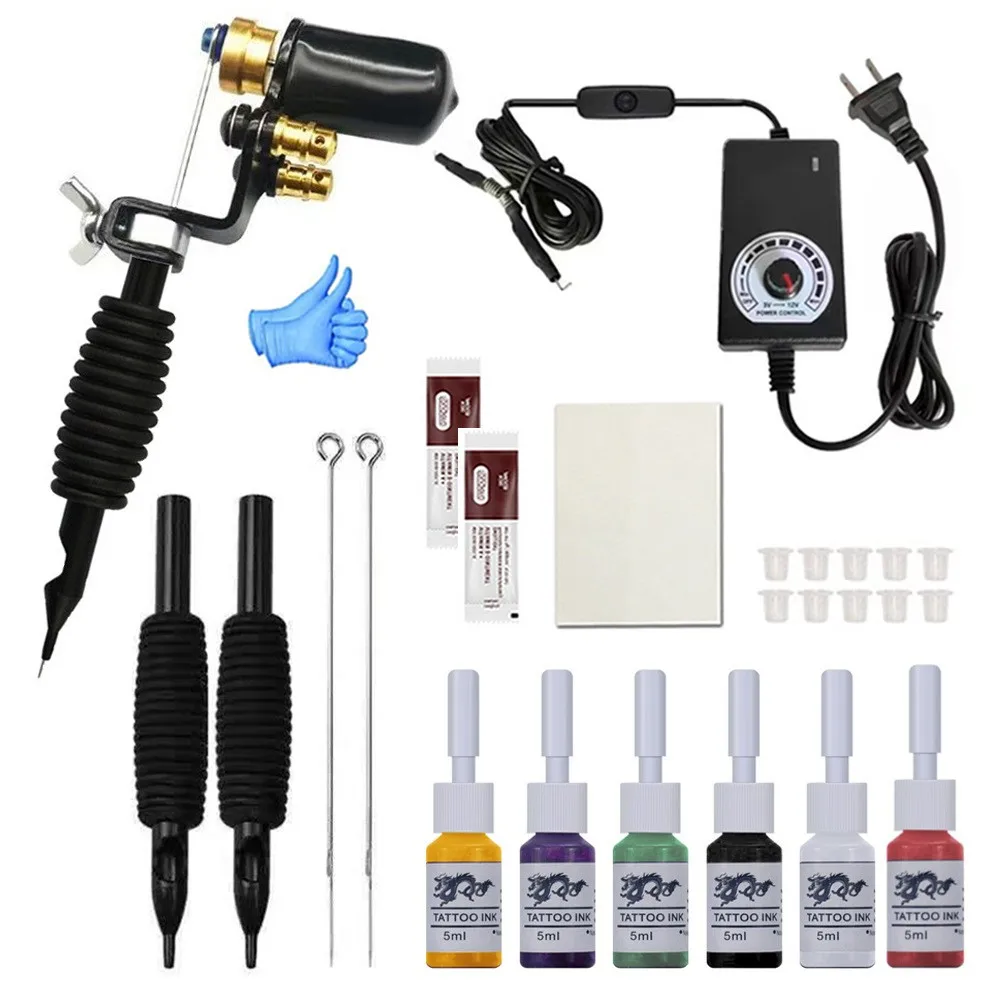 Electric motor machine kit 6-color tattoo inks 3 integrated needle handle 1 Silicone practice skin Tattoo kit for beginners