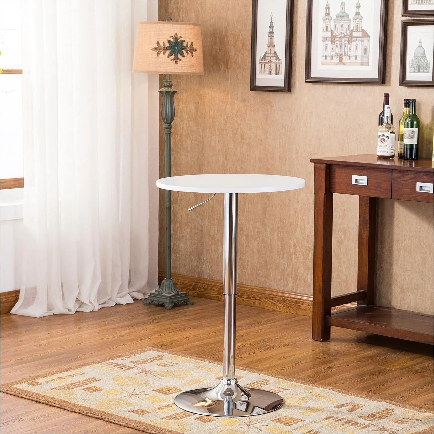 

Adjustable Height Bar Table, 26"-36" Wood Top and Chrome Metal Base, White