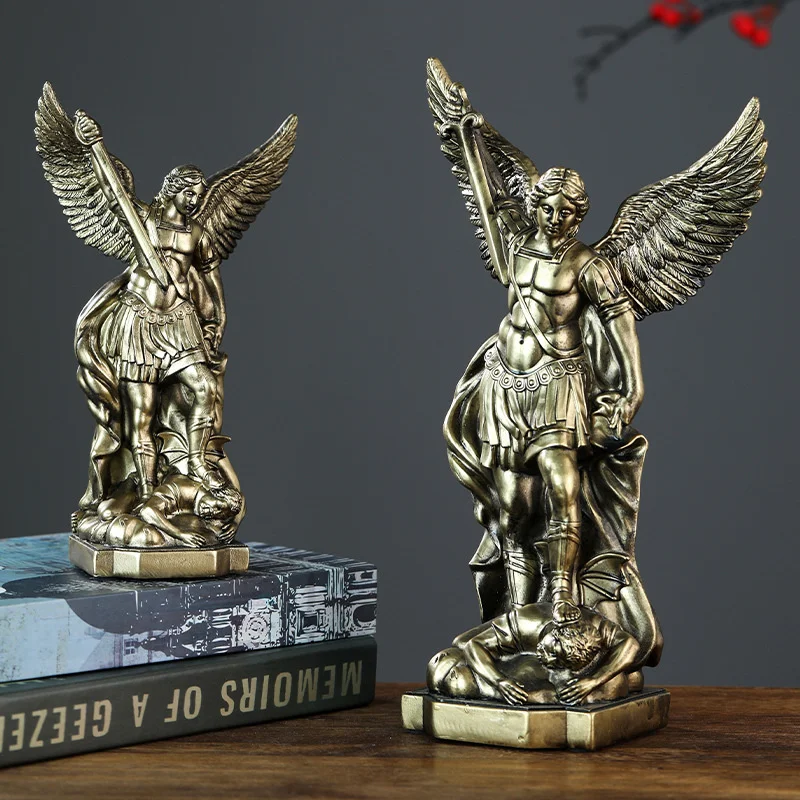 

San Miguel Archangel Statue Retro Bronzed Resin Angel Figurine Christian Catholic Desktop Ornament For Home, Office, Table Gift