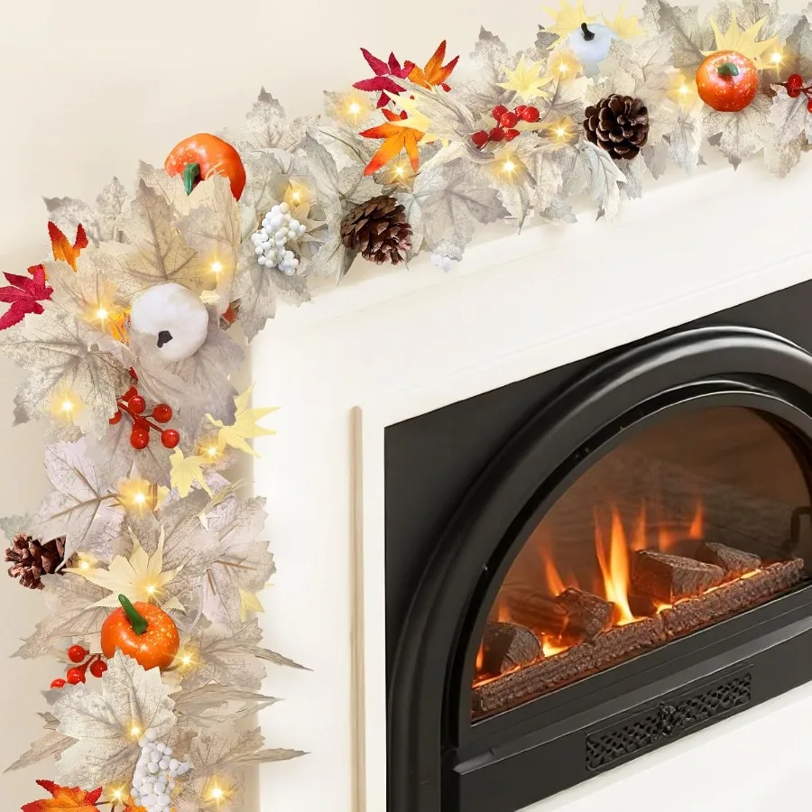 

6 футов осенняя гирлянда, декор для мантии, искусственная осенняя подвесная гирлянда из кленового листа с огнями, тыквенная ягода, сосновая шишка на День благодарения