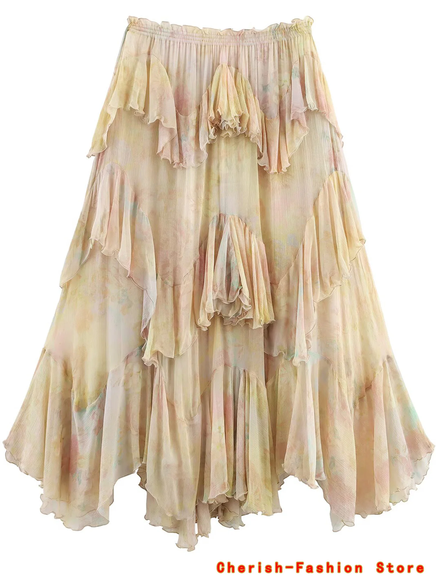 Spódnica w stylu francuskim z kwiatową koronką, linia A, wiosna-jesień, nowa damska spódnica z falbanami, drukowana spódnica do połowy łydki, włókno poliestrowe.