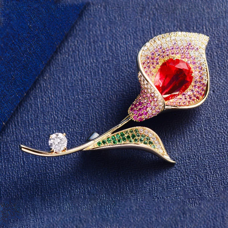 Chinese Style Auspicious Lucky Calla Lily Flower Zircon Brooch For Women Sparkling Crystal Lapel Pin Blessing Good Fortune Gift