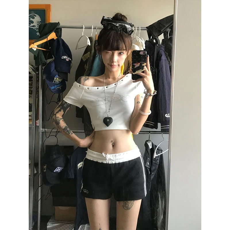 Schulterfreies T-Shirt für Damen, O-Ausschnitt, rund, alternativer Stil, normales Basic-Design, modisch, schlicht, lässig, für Damen, Mädchen, Mädchen