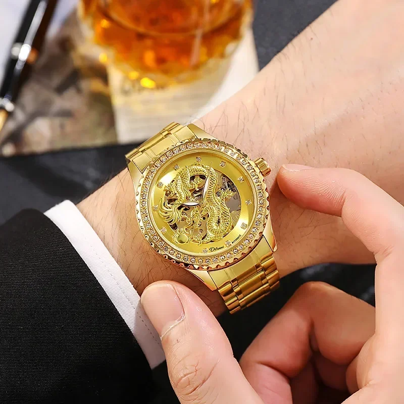 Men's Diamond Gold Dragon Watch Tourbillon Automatic Mechanical Watch Men's Glow in The Dark Waterproof Leisure Sports Watch