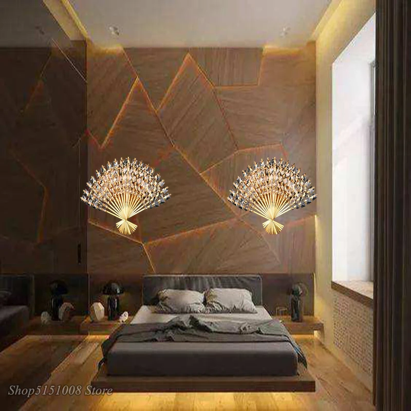 

Modern Fan-Shape Wall Lights Luxury European Crystal wall Lamps Corridor Bedroom Bedside LED Sconces light fixtures decoration