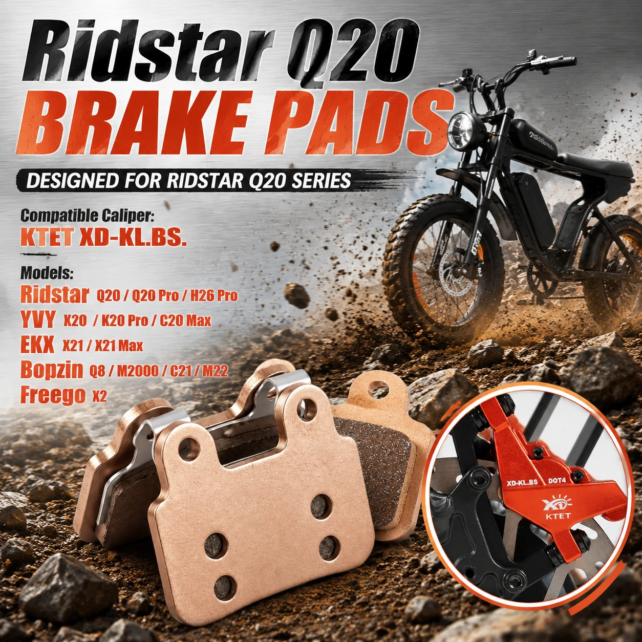 

Ridstar Q20 Sintered Brake Pads Sintered Metal 2 Pairs for Q20 Pro H26 Pro YVY K20 Pro C20 Max KTET XD-KL.BS Ebike