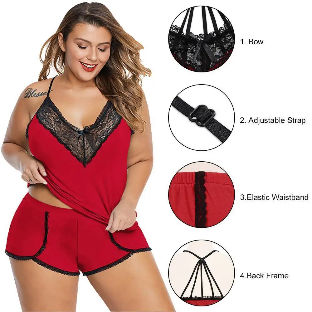 Plus Size Lace Camisole Tops+Short Pants 2023 Oversized Women\'s Solid Sex Lingerie Set For Female Casual Underwear Sleepwear