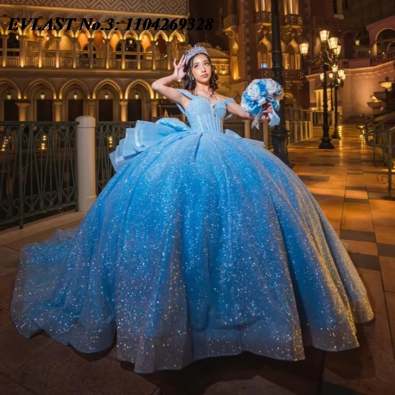 

EVLAST Customized Mexican Glitter Blue Quinceanera Dress Shiny Applique Beading Bow Sweet 16 Dress Vestidos 15 De XV Años E3Q891