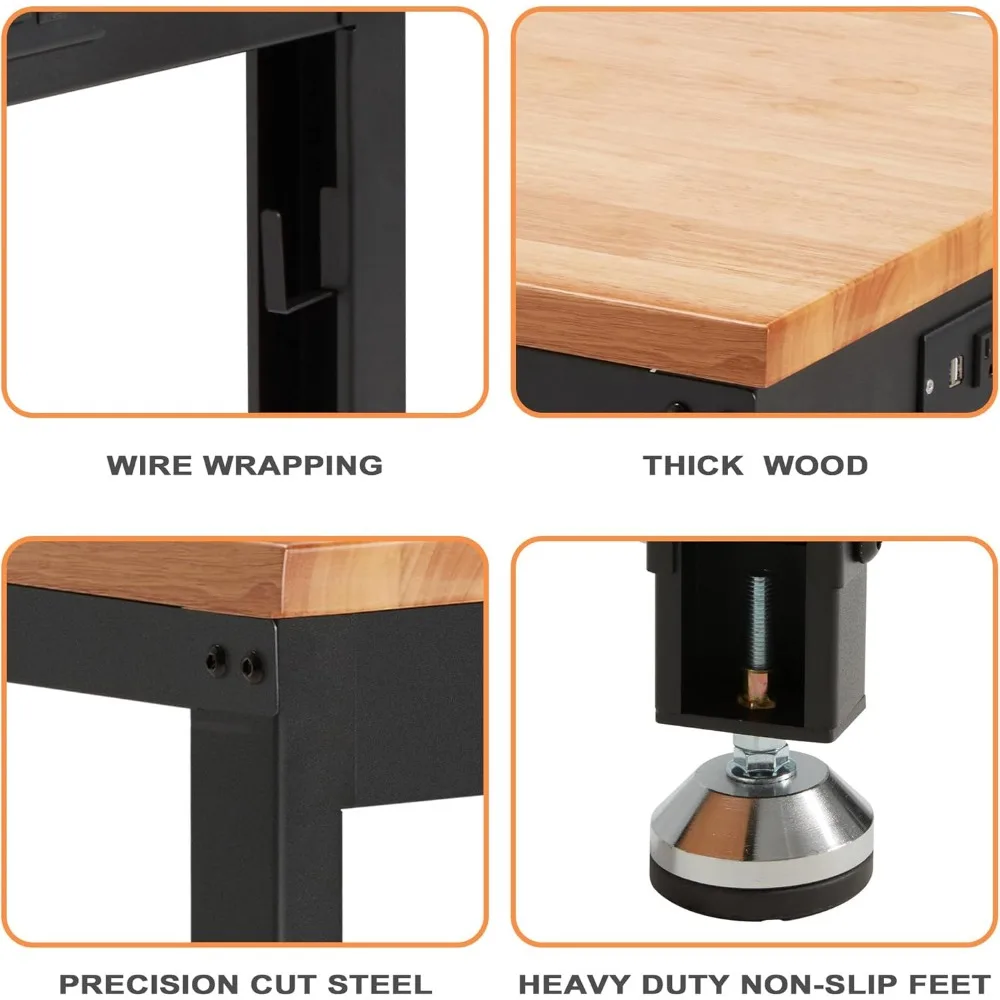 منضدة عمل جراج قابلة للتعديل مقاس 60 × 22 مع سطح خشبي مطاطي، ومنافذ طاقة، وسعة 2000 رطل، وطاولة عمل شديدة التحمل