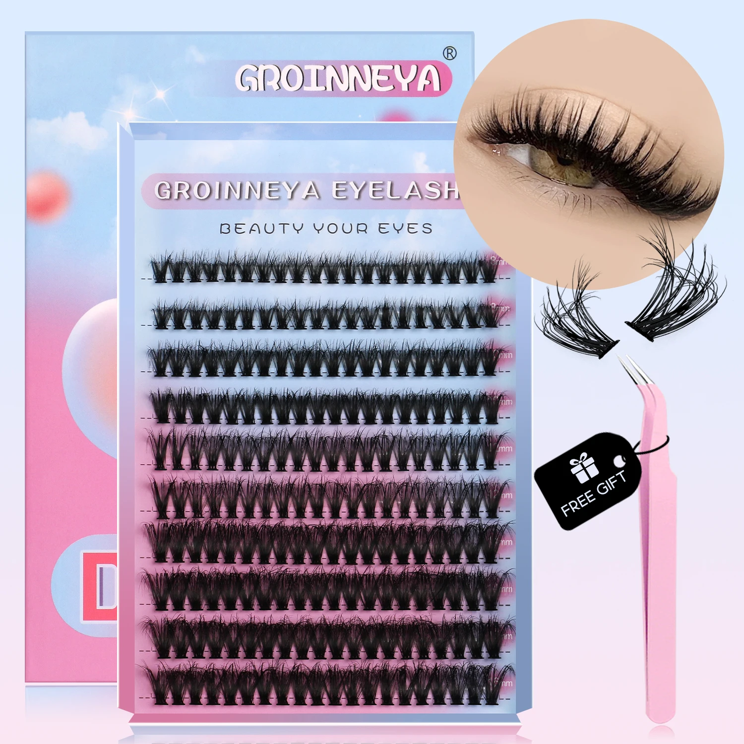 GROINNEYA Lashes Clusters Kit Mixed Individual Lashes Fluffy Faux Mink Lashes Soft Natural DIY Lashes Extension Set Makeup