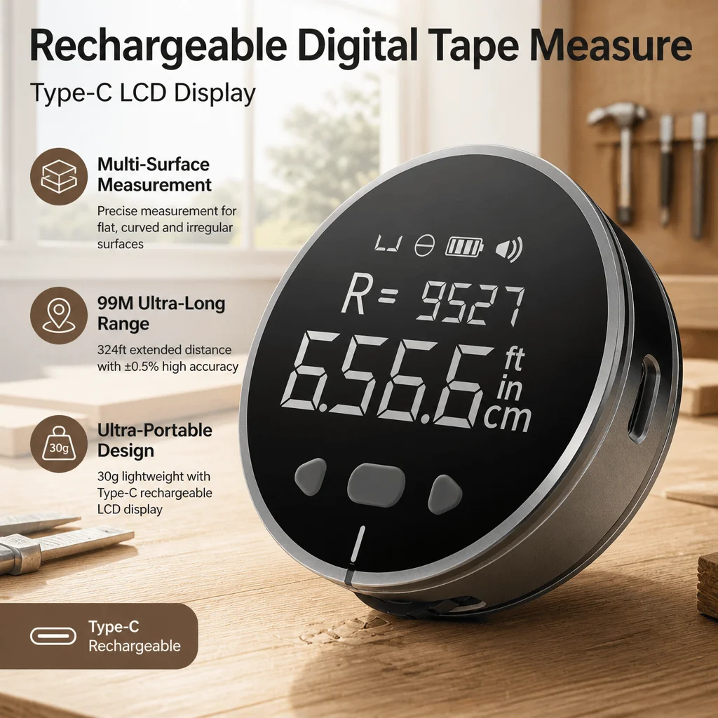 Digital Tape Measure 99M Multi-Surface Rechargeable Measuring Tool LCD Display Portable Carpenter 324Ft Range Type-C Smart Ruler