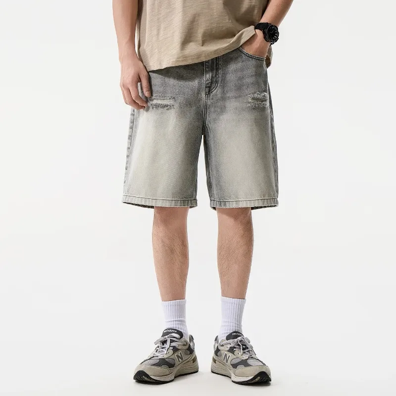 

2026 New American Retro Washed Loose Jeans Shorts Men's Summer Straight Fashion Casual Five-Fifth Pants Ripped shorts