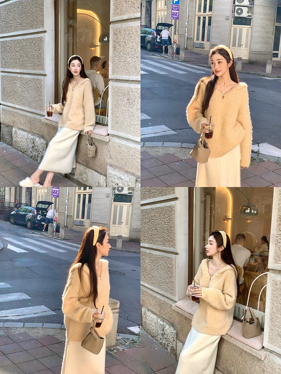 

Вязаный свитер Achi Lazy Long Sleeve с шапкой, из шерстяной пряжи, свободный крой, женский, повседневный, осенне-зимний, модный, полиэстер, нейлон, акрил