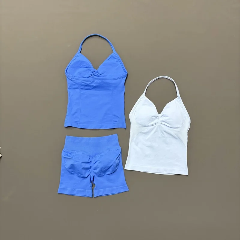 2Pcs HISTELLO Yoga Set Women Halter Tank Top Scrunch Butt Lifting Shorts Ruched Anti Chafe Quick Dry Gym Workout Sports Set