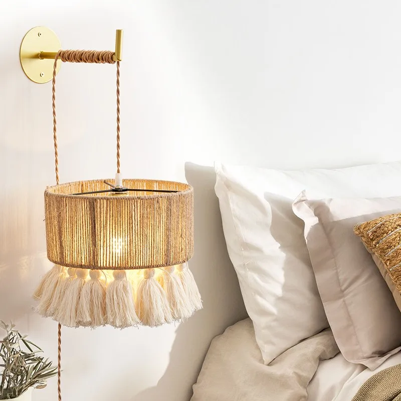 Imagem -03 - Bohemian Cotton Tassel Wall Sconce Wabi-sabi Hemp Rope Lamp Led Hand Knitting Quarto Wall Mounted Homestay Abajur E27