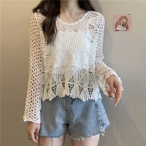 Femme 봄 여름 한국 속이 빈 솔리드 컬러 오-넥 여성 의류 모든 경기 얇은 유행 긴 소매 카디건 나타남