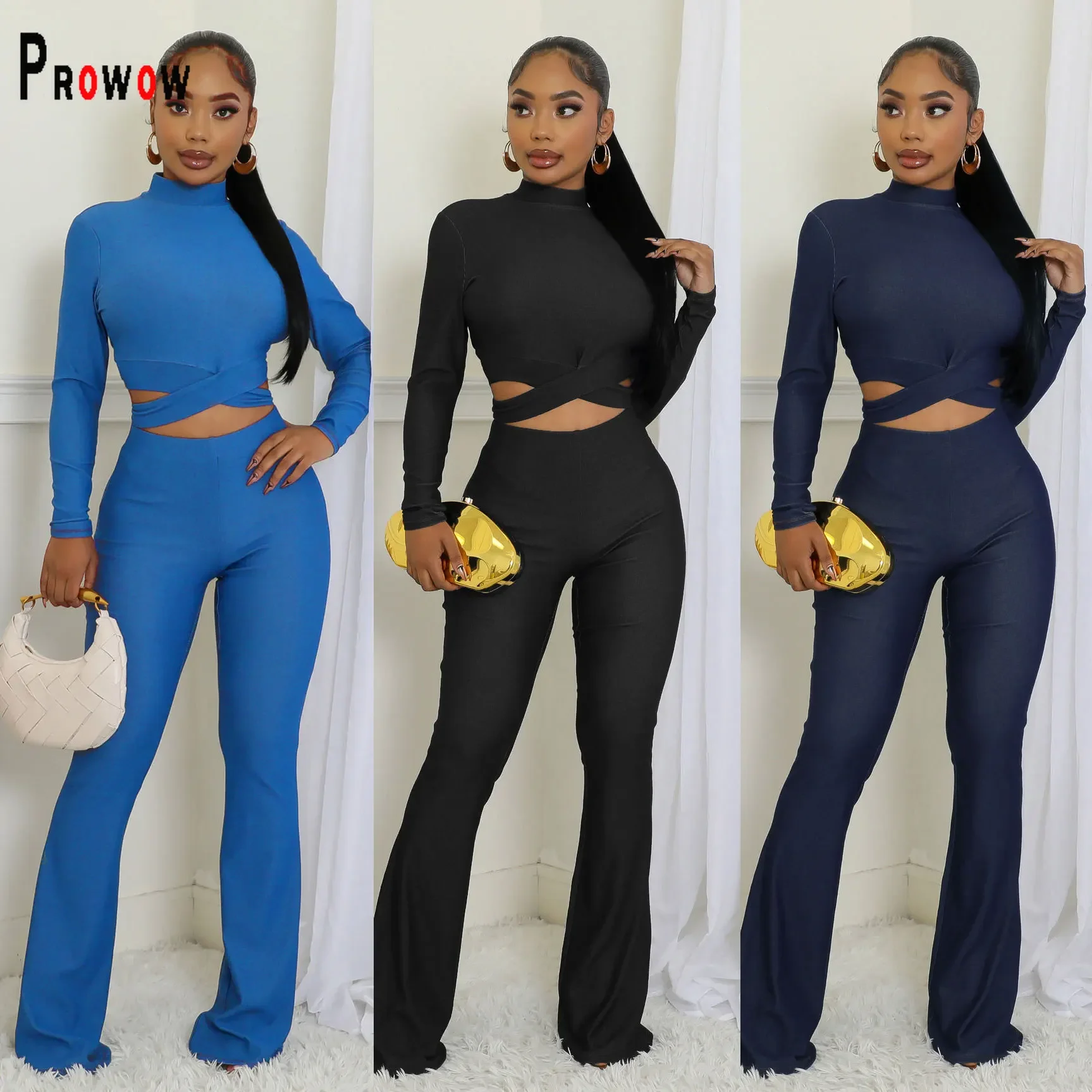 

Prowow Sexy Skinny Women Clothing Set Cropped Zipper Tops High Waist Flare Pant Two Piece Solid Color Matching Suits Tracksuits