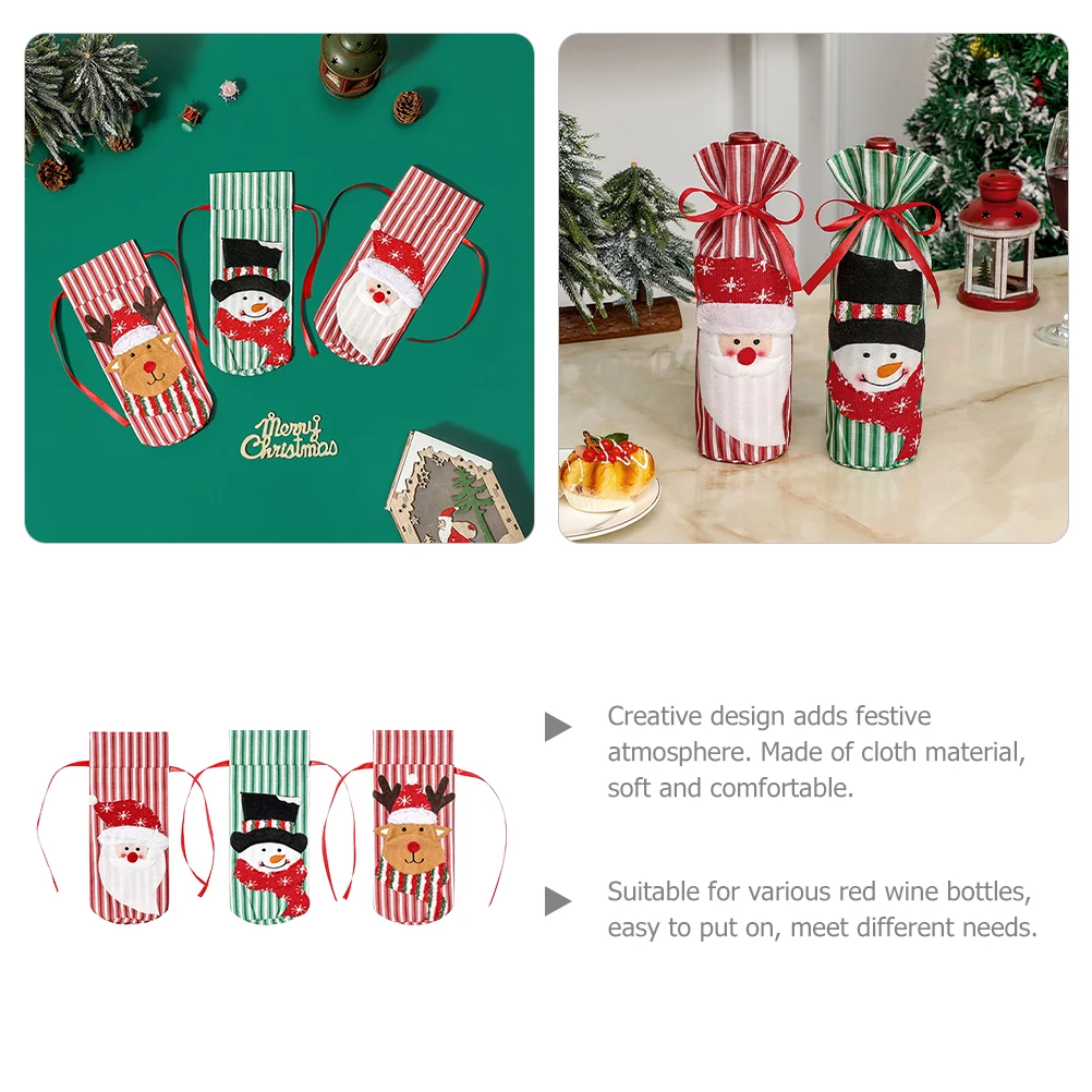 3 قطعة غطاء زجاجة سانتا رجل الثلج المحبوك قماش ناعم زجاجة النبيذ الديكور حفلة عيد الميلاد النبيذ اكسسوارات مستلزمات عيد الميلاد #3