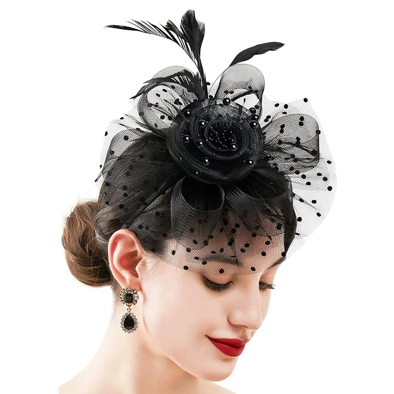 Vintage Women's Fashion Flower Feather Fascinator Hat Ladies Hair Accessories Wedding Party Floral Mesh Veil Headband Hairpin