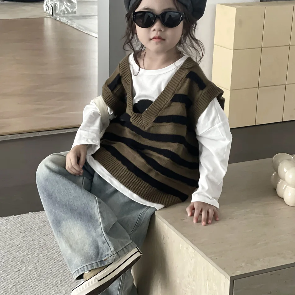 Autumn 2023 New Childrens Fashion Clothing Wave Vest for Boys Girls Children Baby Loose Soft Retro Vest