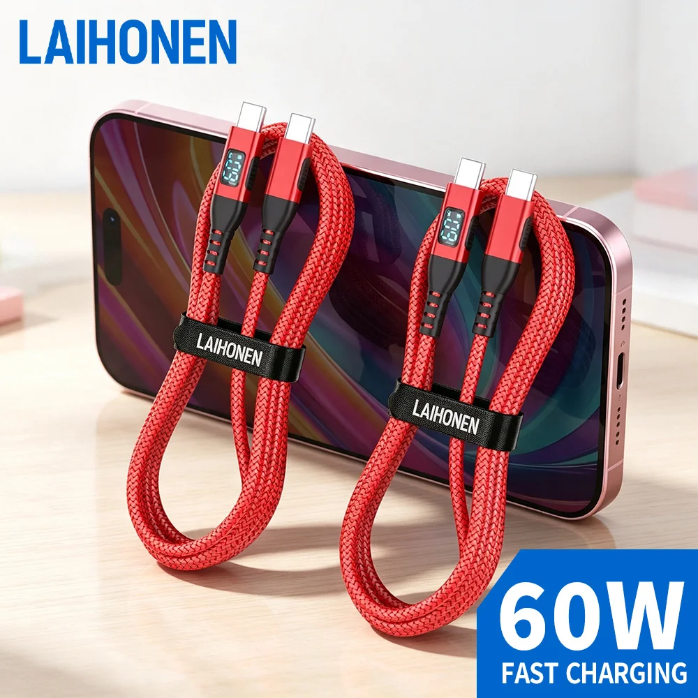 LAIHONEN 1Pack 2Pack 60W USB C to USB C Cable PD 2.0 LED Digital Display Fast Charging Cord for MacBook iPhone 17 Samsung S25