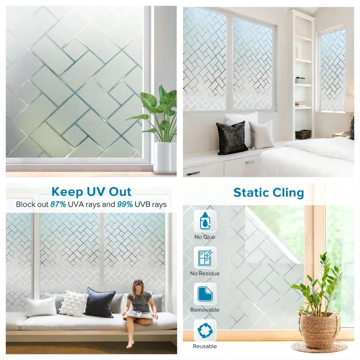 Window Privacy Film Frosted Glass Static Cling UV Blocking Removable Window Clings Opaque Window Stickers for Home