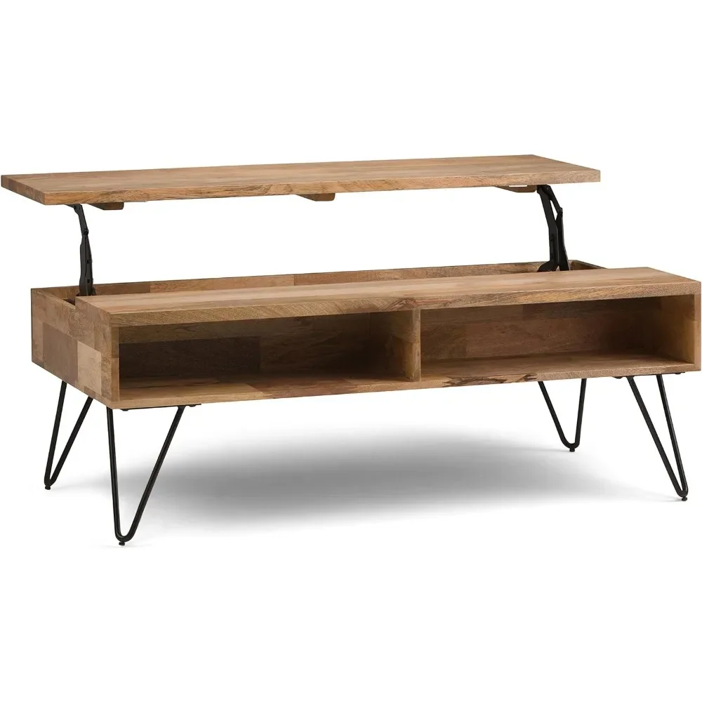 Mesa de café grande retangular de madeira e metal, Mesas de café Lift Top Industrial, MANGA SOLID, Natural, 48"