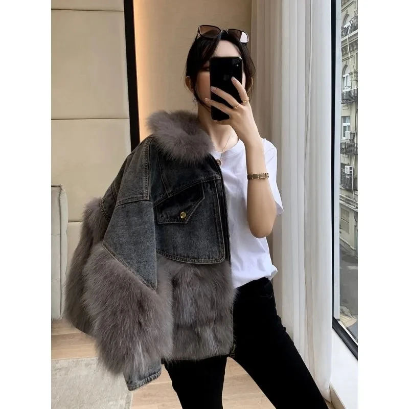 Stitching Denim Jacket Women\'s Overcoat New Winter Thicke Warm Jeans Parker Coat Loose Big Hair Collar Pie Overcome Cotton Coat