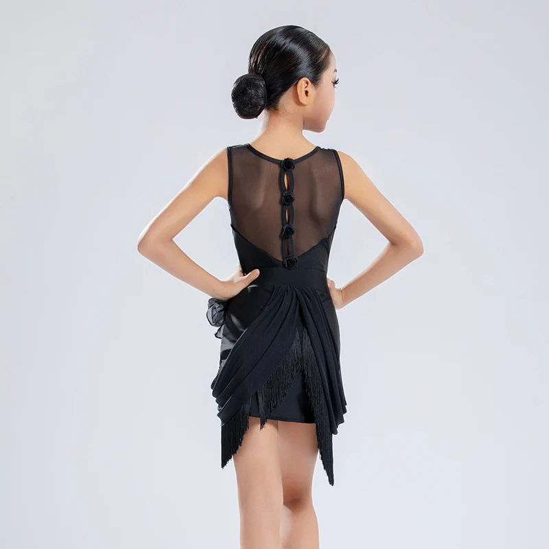 Latin Dance Costume Girls Dance Performance Clothes Black Mesh Tassels Skirt Set Dancewear Children Training Clothing XH2888