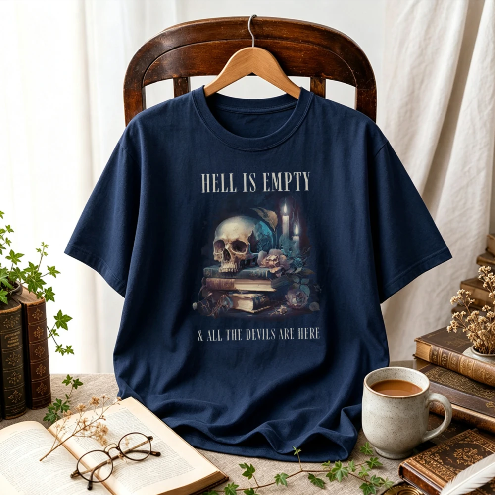 Women Hell Is Empty and All The Devils Are Here Graphic T-Shirt Shakespeare Quote Skull Book Print  Academia Gothic Casual Tees