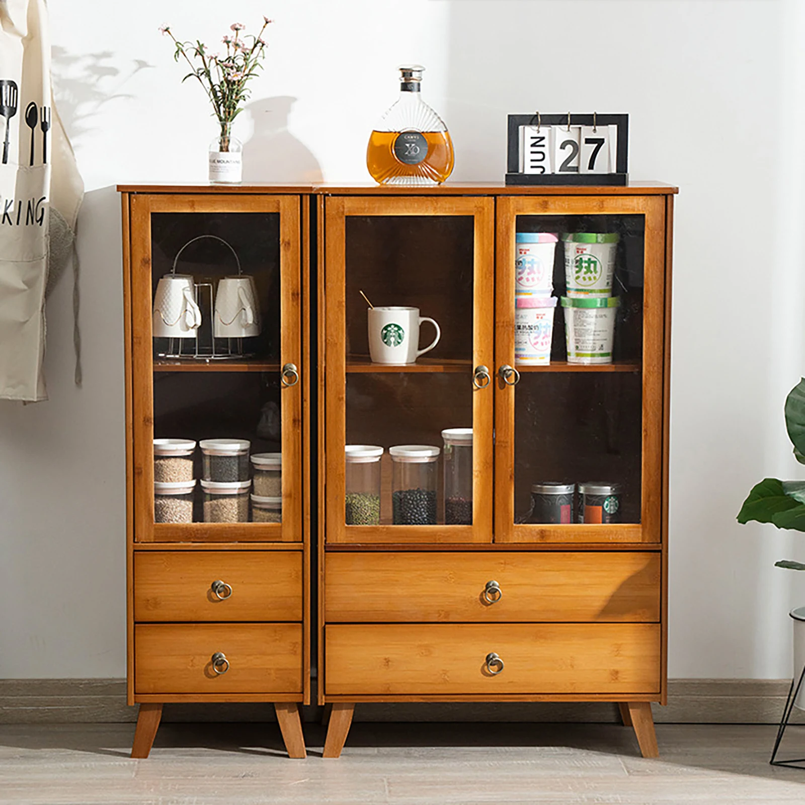 

Bamboo Acrylic Brown Retro Kitchen Sideboard, Freestanding Storage Organizer, Bamboo Cupboard