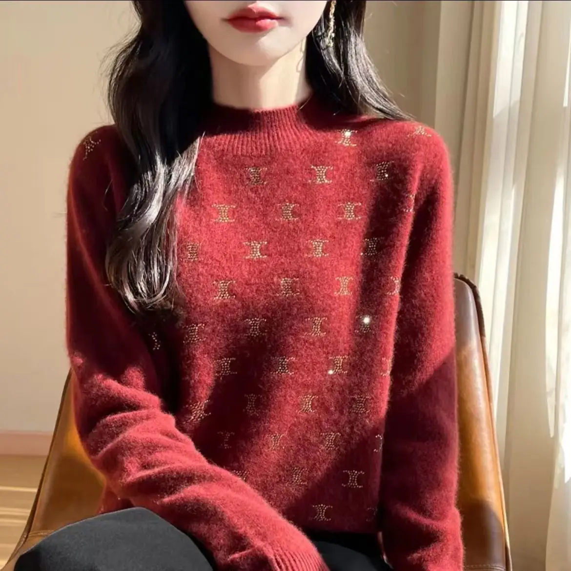 Women Clothes Fashion Turtleneck Temperament Bottoming Shirt Loose All-match Knitting Pullovers Autumn Winter Letter Sweater