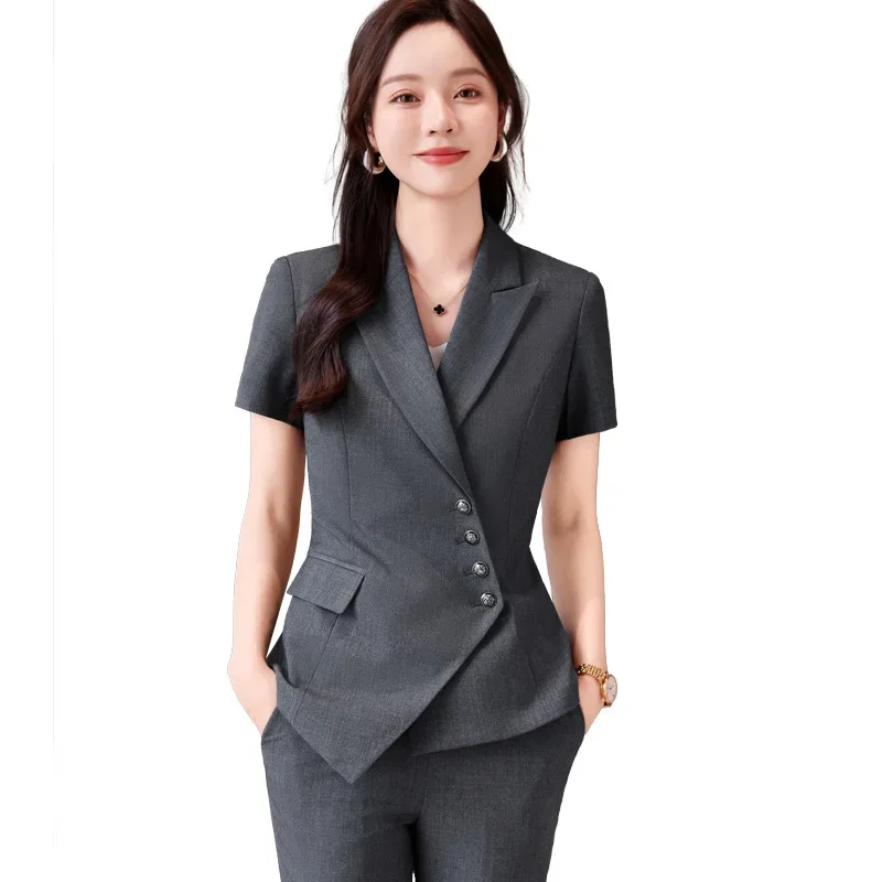 

Pop Novelty Gray Formal Uniform Designs Pantsuits Summer Short Sleeve For Women Professional Office Work Wear Blazers Career Sui
