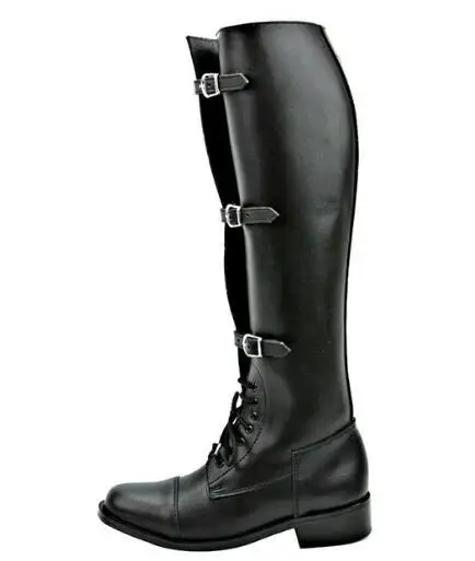 Herren Mode Runde Zehenkappe Schnürstiefel mit Schnallen Flache Kniestiefel für Männer Kreuzgebundene Motorradstiefel Vintage Reitstiefel in Unifarben – Detail 6