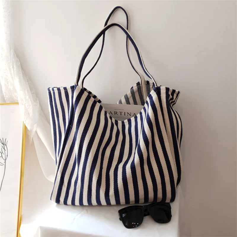 Women's Fashion Underarm Shoulder Bag Striped Canvas Retro Casual Commuting Tote Bag Portable Large Capacity Shopping Bucket Bag