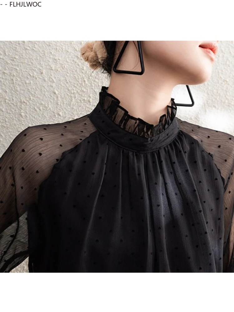 黒薄手のメッシュ韓国シックなトップス Blusas オフィスレディエレガントな薄いセクシーな透明な基本シャツ FLHJLWOC ファッション女性ブラウス