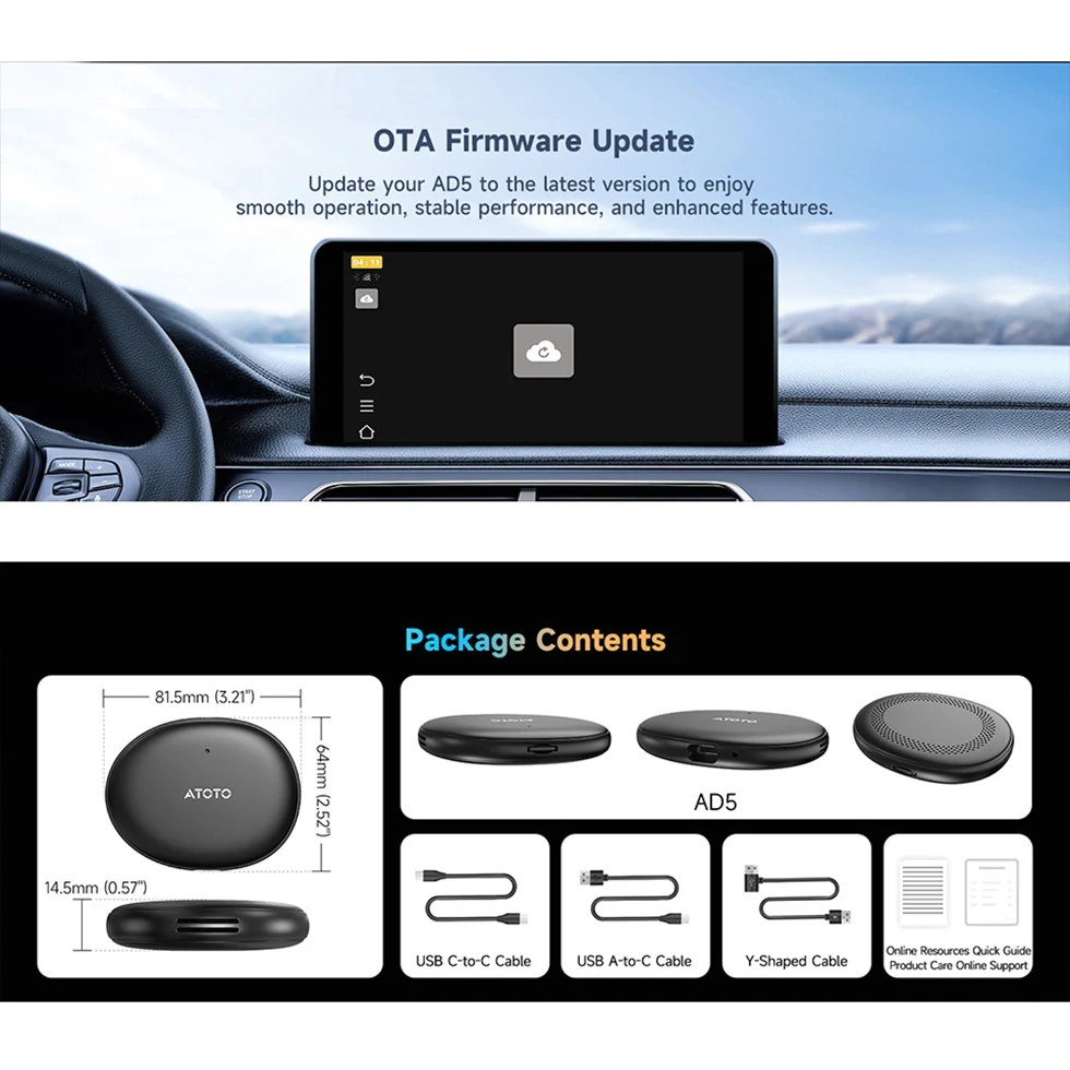 Atoto carro inteligente android auto sem fio carplay adaptador