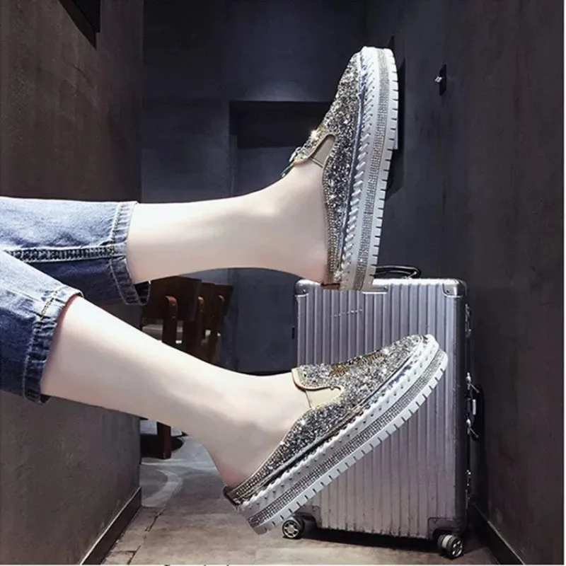 Baotou Half Drag Spring New Round Head Mid-mouth Rhinestone Lazy Shoes Fashion Sequin Flip-flops