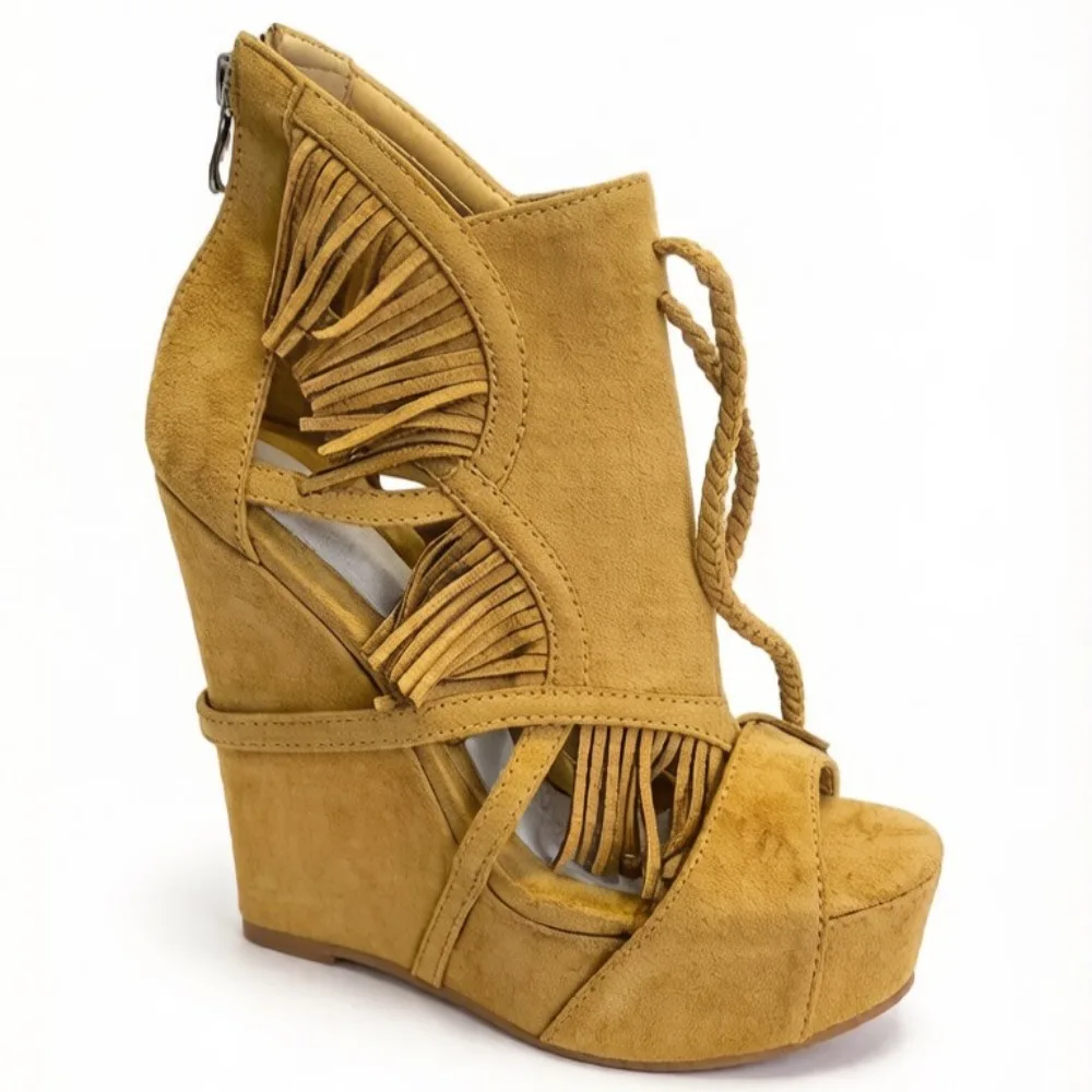 Yellow Suede Tassels Wedges Heel Platform Sandals Back Zipper Women Shoes Peep Toe Party Feast Dating 2026 Zapatos Para Mujere