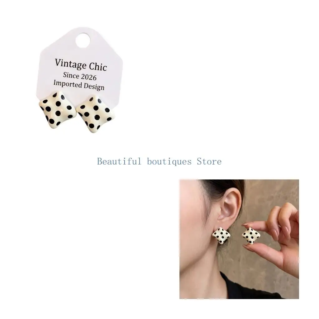 U4LF Giftable Fashion Earrings in a Black and White Dot Pattern Square Post Design, Daily Wear Jewelry Pair with Geometric