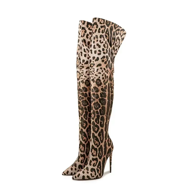 European and American Sexy Leopard Print High-heeled Knee High Boots for Women\'s Fashion Shows, Plus Size Color Blocked Shoes