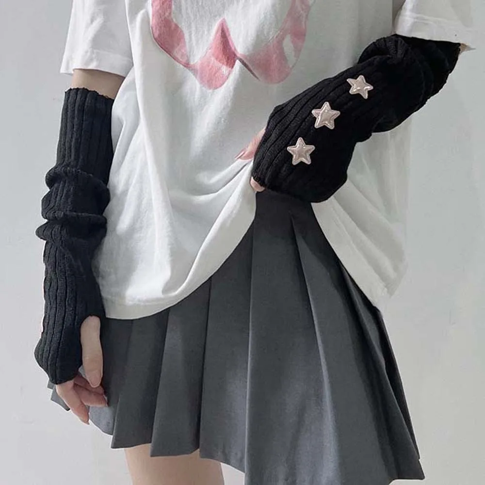 Elastic Knitted Fingerless Sleeves Long Gothic Y2K Star Arm Cover Half Palm Solid Color Warmer Long Cuff Cycling