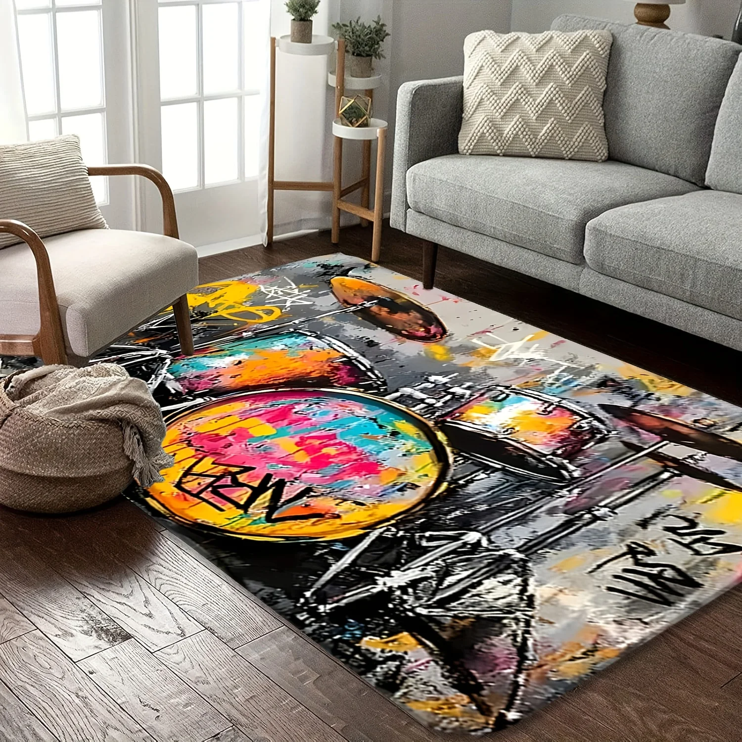2D Flat Graffiti Drum Set Rock Music Flannel Area Rug Non Slip Urban Art Carpet For Living Room Bedroom Floor